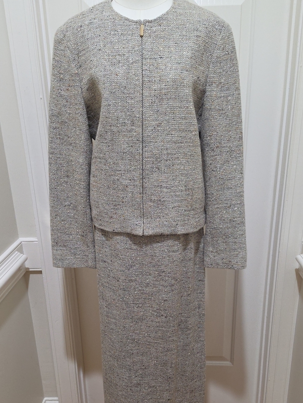 VTG Rena Rowan Wool Twill 2-Piece Skirt Suit Set - Grey Marled Tweed - Size 12